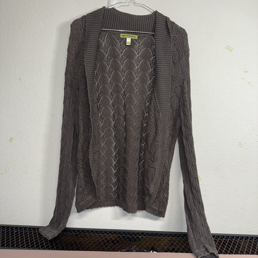 Sigrid Olsen‎ Cardigan Sweater Womens 1X Brown Open Knit Silk Blend Hook Closure